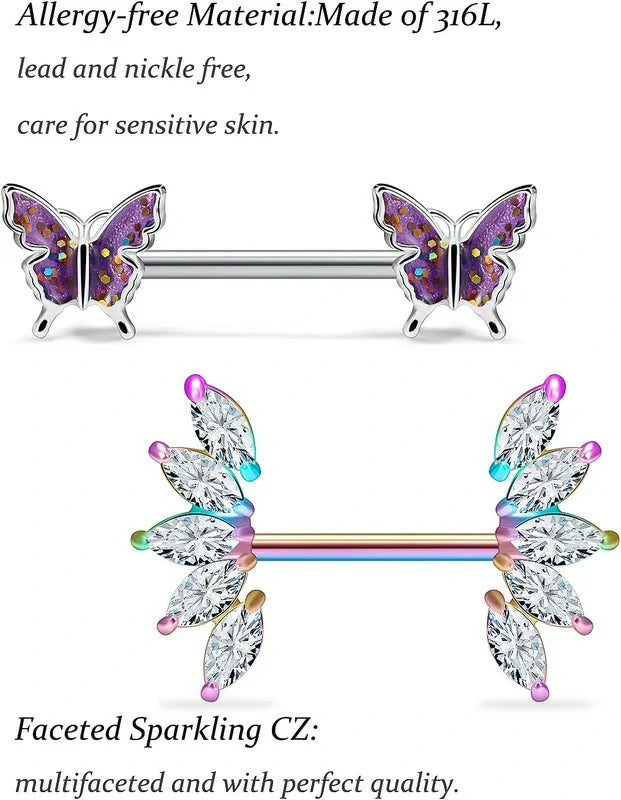 14G Nipple Rings Butterfly & Flower Piercing Jewelry - Surgical Steel, Cubic Zirconia, Silver, Black, Rainbow, Rose Gold