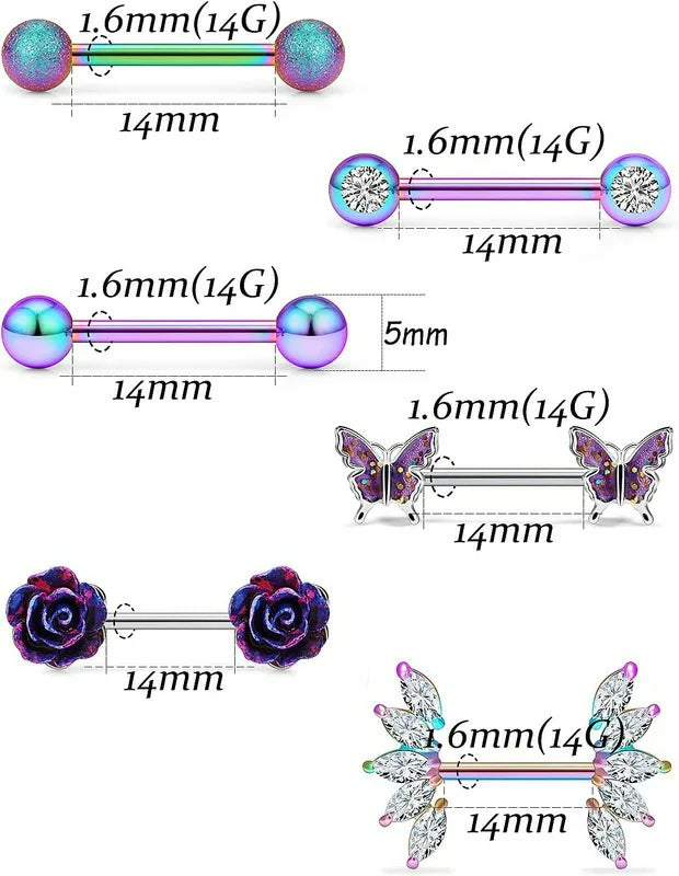 14G Nipple Rings Butterfly & Flower Piercing Jewelry - Surgical Steel, Cubic Zirconia, Silver, Black, Rainbow, Rose Gold