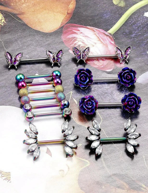 14G Nipple Rings Butterfly & Flower Piercing Jewelry - Surgical Steel, Cubic Zirconia, Silver, Black, Rainbow, Rose Gold