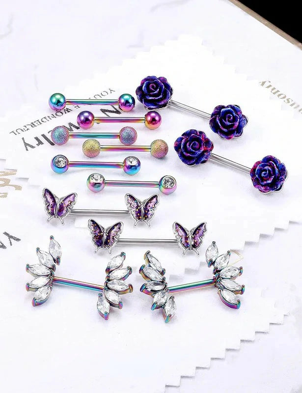 14G Nipple Rings Butterfly & Flower Piercing Jewelry - Surgical Steel, Cubic Zirconia, Silver, Black, Rainbow, Rose Gold