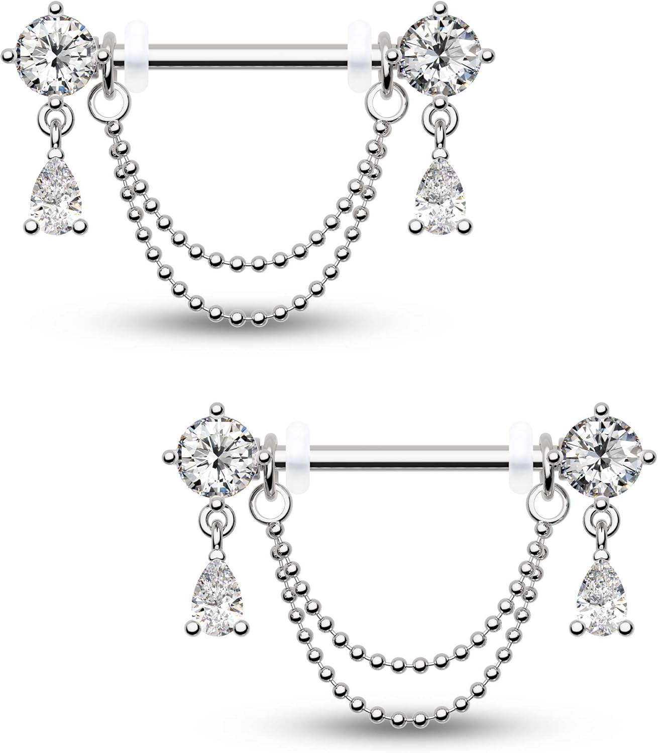 14G Nipple Rings Double Chain Nipple Piercing Jewelry Teardrop Nipple Jewelry 316L Stainless Steel Nipple Piercing Rings for Women - QIAO CrystalQIAO CrystalQIAO Crystal