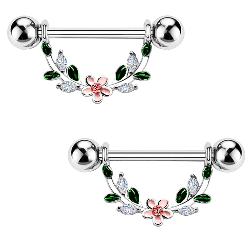 14G Nipple Rings Flower Nipple Bars Surgial Steel 316L Nipple Piercing Jewelry Heart Nipple Barbell for Women - QIAO Crystal我的商店QIAO Crystal