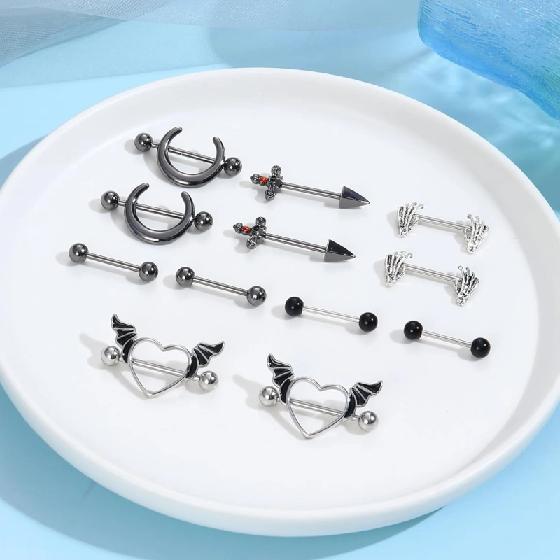 6 pairs 14G nipple rings set in black 316Lstainless steel