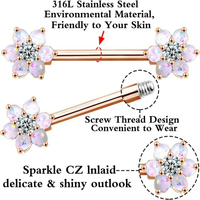 14G Opal Flower CZ Nipple Barbell Nipple Ring Piercing Jewelry