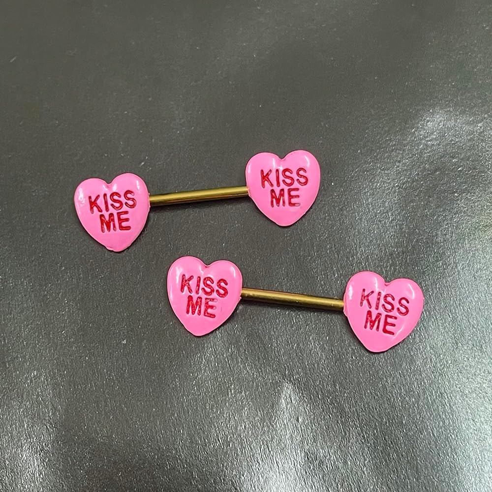 14G Pink Heart Nipple Rings for Women Stainless Steel Acrylic Love Heart Letter Nipplerings Kiss Me Naughty Words Nipple Shield Barbell Nipple Piercing Jewelry - QIAO CrystalQIAO CrystalQIAO Crystal