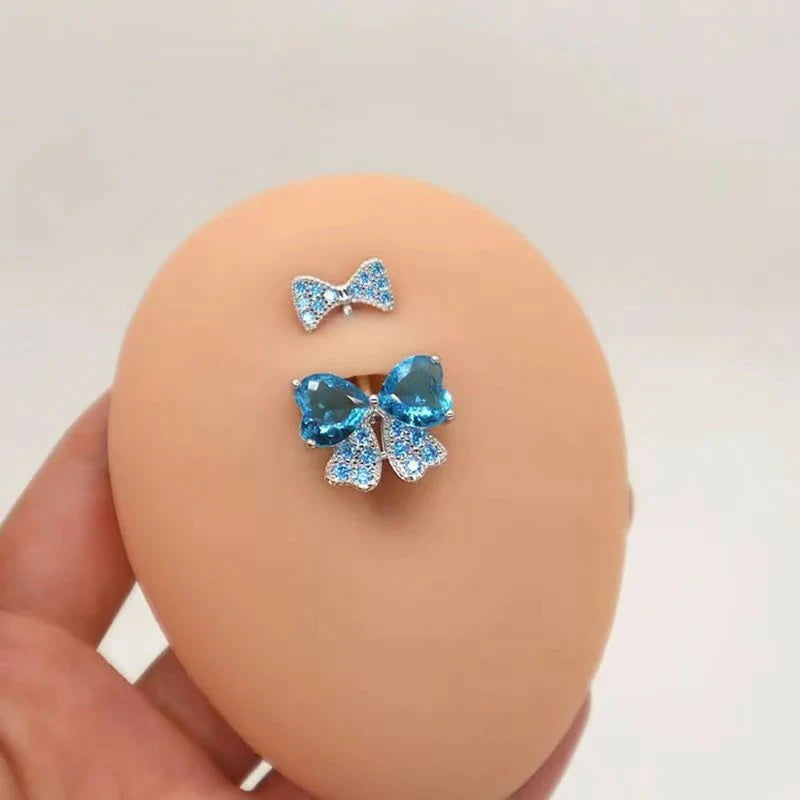 14G Rhinestone Bowknot Stainless Steel CZ Crystal Bow Navel Curved Barbell