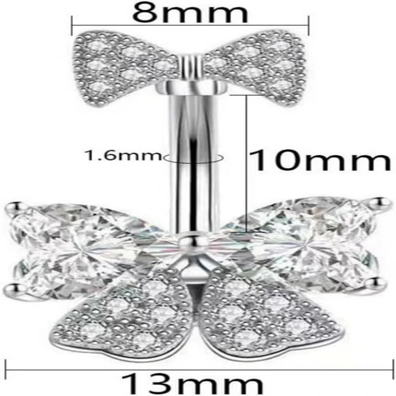 14G Rhinestone Bowknot Stainless Steel CZ Crystal Bow Navel Curved Barbell