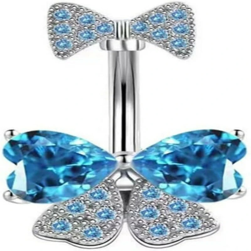 14G Rhinestone Bowknot Stainless Steel CZ Crystal Bow Navel Curved Barbell