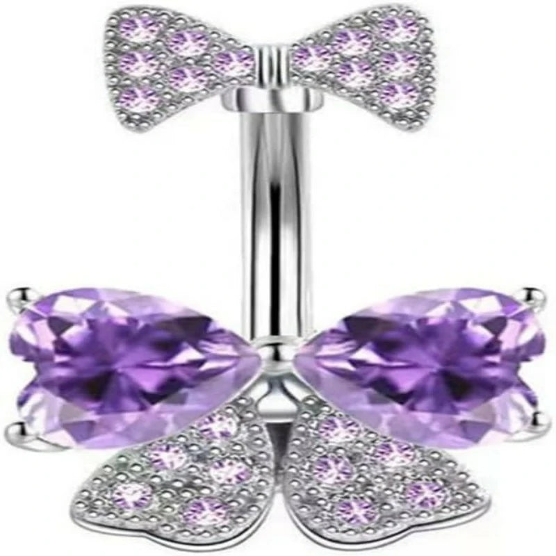 14G Rhinestone Bowknot Stainless Steel CZ Crystal Bow Navel Curved Barbell