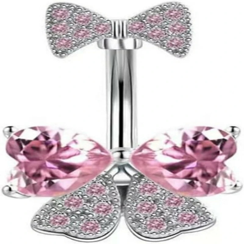 14G Rhinestone Bowknot Stainless Steel CZ Crystal Bow Navel Curved Barbell