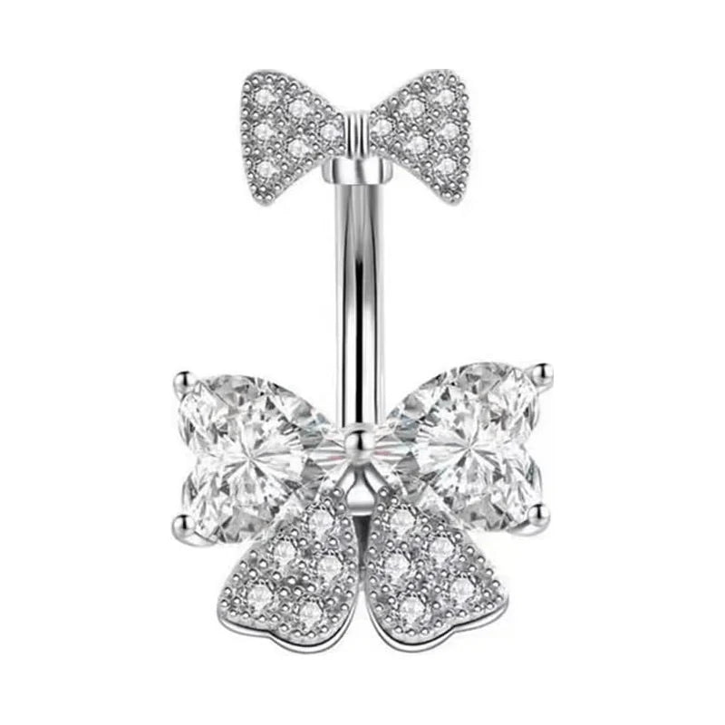 14G Rhinestone Bowknot Stainless Steel CZ Crystal Bow Navel Curved Barbell