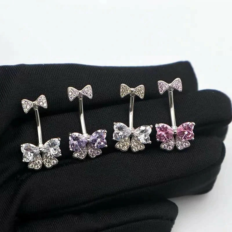 14G Rhinestone Bowknot Stainless Steel CZ Crystal Bow Navel Curved Barbell