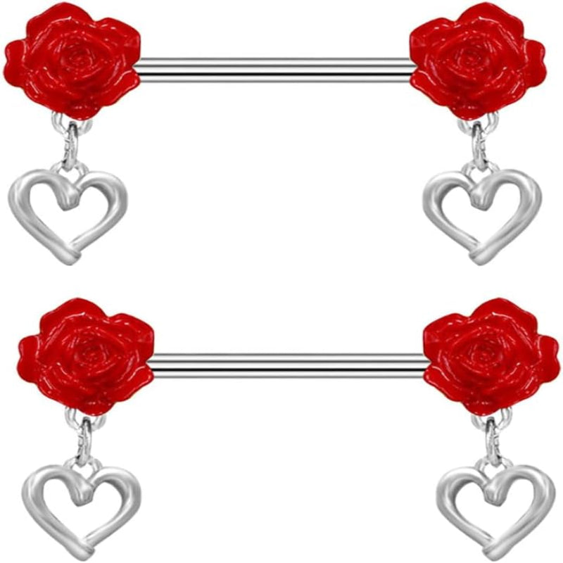 14G Rose Heart Dangle Nipple Rings for Women Stainless Steel Red Flower Nipplerings Nipple Barbell Dangling Nipple Shield Studs Nipple Piercing Jewelry - QIAO CrystalQIAO CrystalQIAO Crystal