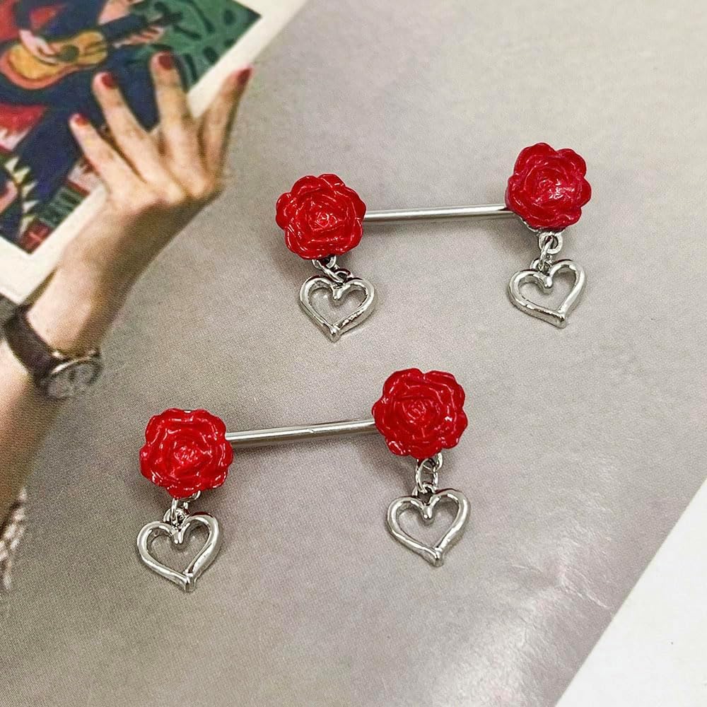14G Rose Heart Dangle Nipple Rings for Women Stainless Steel Red Flower Nipplerings Nipple Barbell Dangling Nipple Shield Studs Nipple Piercing Jewelry - QIAO CrystalQIAO CrystalQIAO Crystal