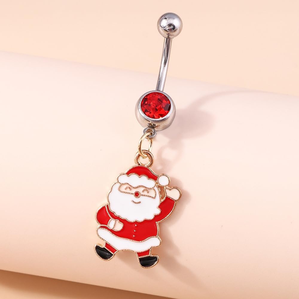 14g Santa Claus Surgical Steel Red CZ Belly Button Ring Navel Rings for Women Cute Dangle Screw Studs Barbell Piercings Sexy Jewelry Christmas Party Gift Her Daughter - 我的商店我的商店我的商店