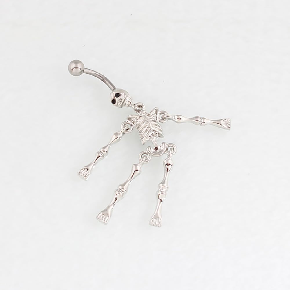 14G Silver Skeleton Dangle Belly Button Ring for Women Halloween Stainless Steel Belly Navel Ring Belly Piercing Jewelry - 我的商店我的商店我的商店