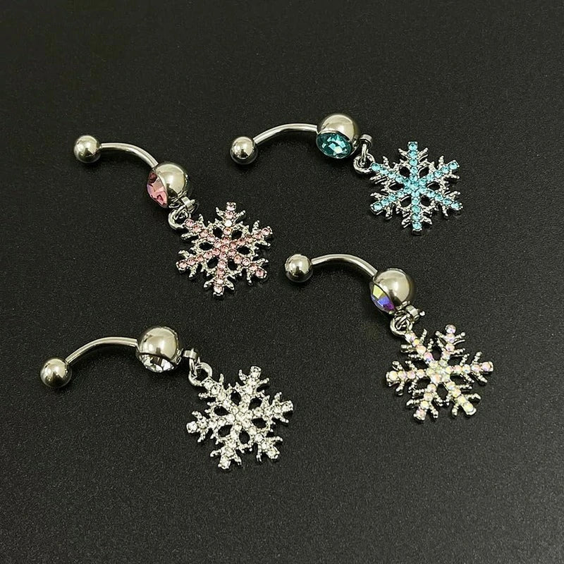 14G Sparkle Rhinestone Snowflake Dangle Belly Button Ring Hypoallergenic Surgical Steel Navel Rings Curved Barbell