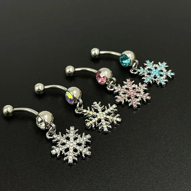 14G Sparkle Rhinestone Snowflake Dangle Belly Button Ring Hypoallergenic Surgical Steel Navel Rings Curved Barbell