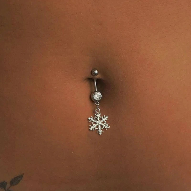 14G Sparkle Rhinestone Snowflake Dangle Belly Button Ring Hypoallergenic Surgical Steel Navel Rings Curved Barbell