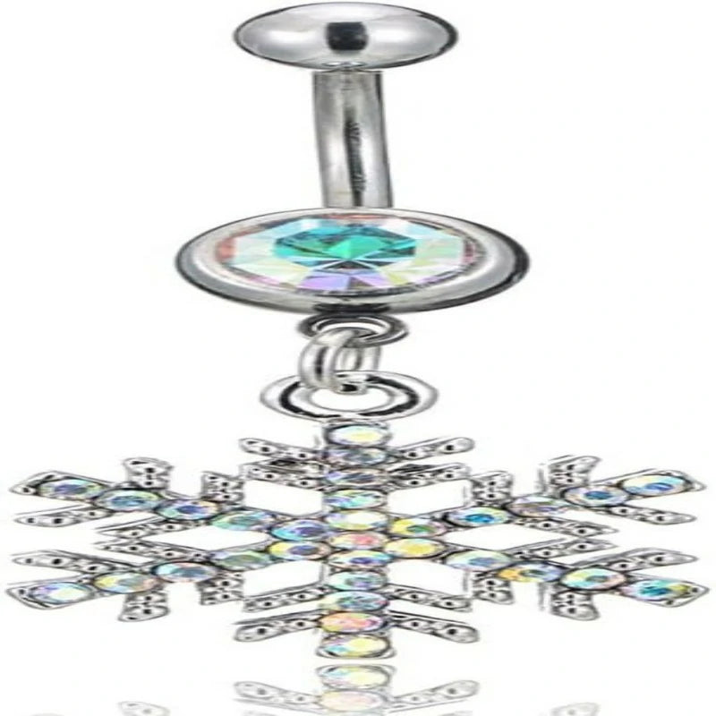 14G Sparkle Rhinestone Snowflake Dangle Belly Button Ring Hypoallergenic Surgical Steel Navel Rings Curved Barbell