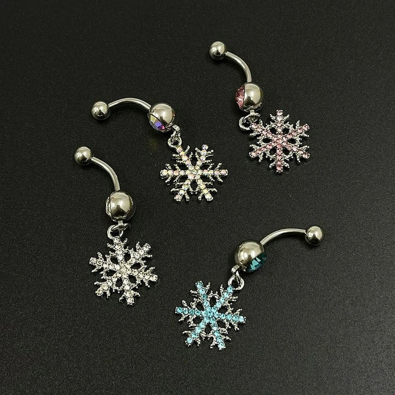 14G Sparkle Rhinestone Snowflake Dangle Belly Button Ring Hypoallergenic Surgical Steel Navel Rings Curved Barbell