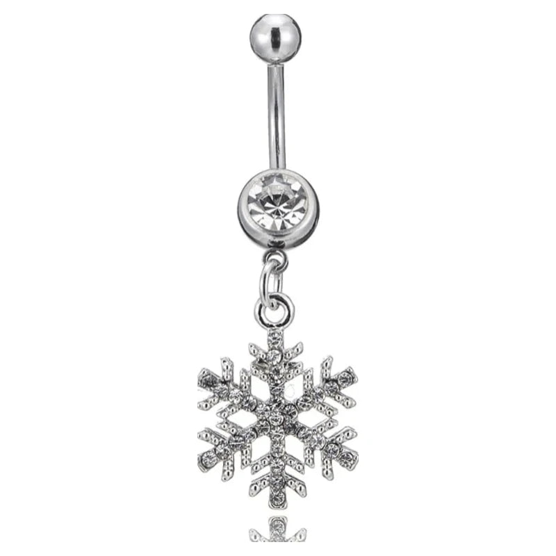 14G Sparkle Rhinestone Snowflake Dangle Belly Button Ring Hypoallergenic Surgical Steel Navel Rings Curved Barbell