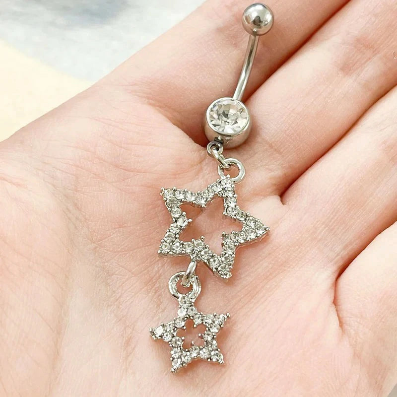 14G Sparkle Star Dangle Belly Button Rings Surgical Steel Belly Navel Piercing Barbell Dangling
