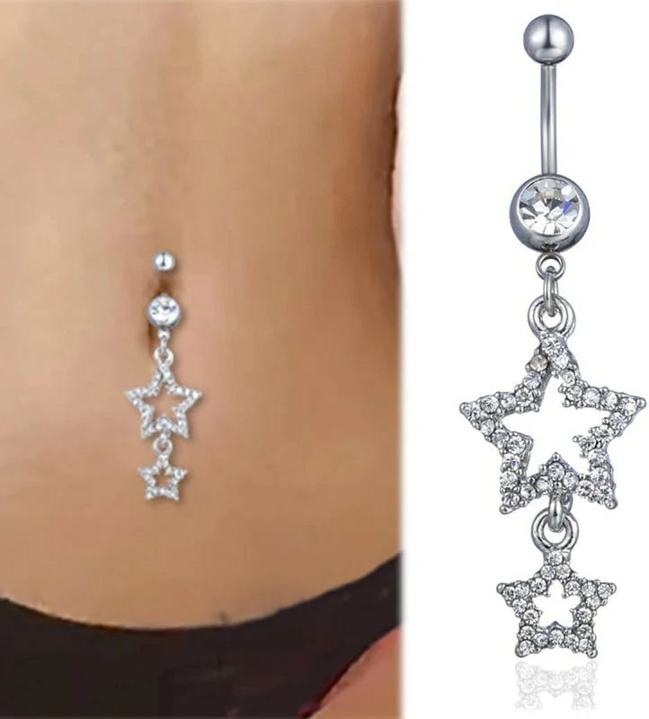 14G Sparkle Star Dangle Belly Button Rings Surgical Steel Belly Navel Piercing Barbell Dangling