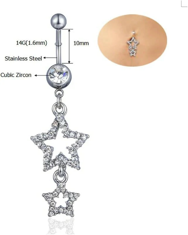 14G Sparkle Star Dangle Belly Button Rings Surgical Steel Belly Navel Piercing Barbell Dangling