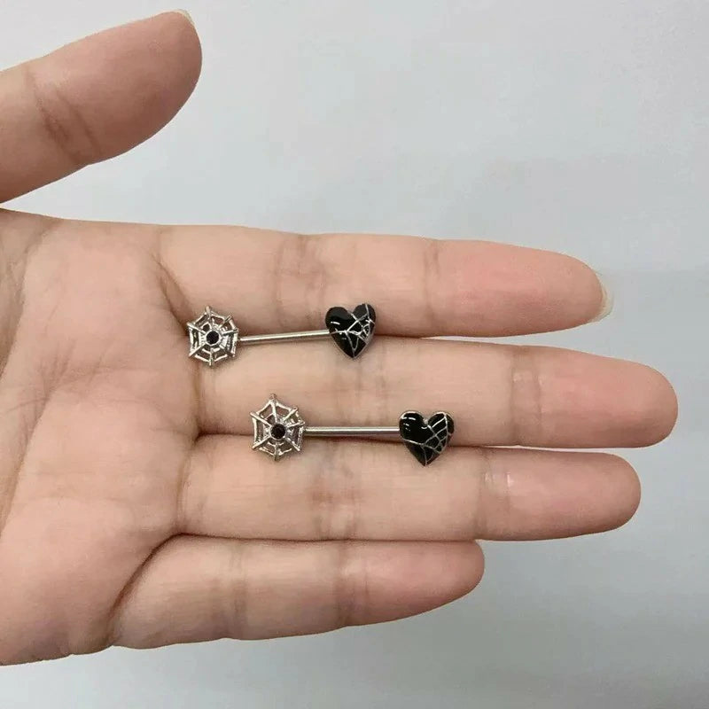 14G Spider Web Heart Nipple Rings for Women Stainless Steel Barbell Halloween Nipplerings Barbell Nipple