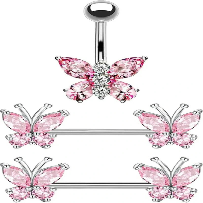 14G Stainless Steel Butterfly and Heart Nipple Rings 316L Butterfly and Heart Barbell Rings