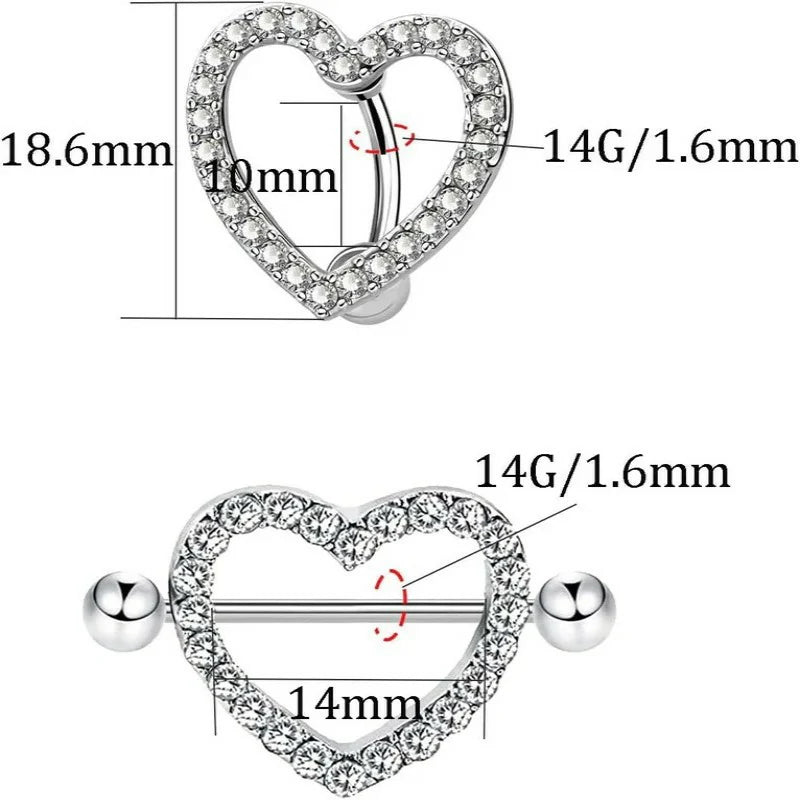 14G Stainless Steel Butterfly and Heart Nipple Rings 316L Butterfly and Heart Barbell Rings