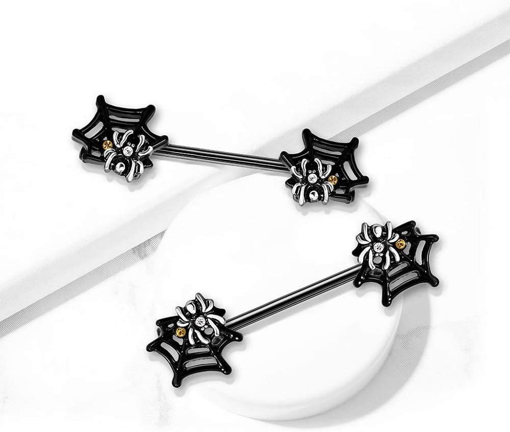 14G Stainless Steel CZ Crystal Black Spider Web Nipple Barbells, Sold as a Pair - QIAO CrystalQIAO CrystalQIAO Crystal