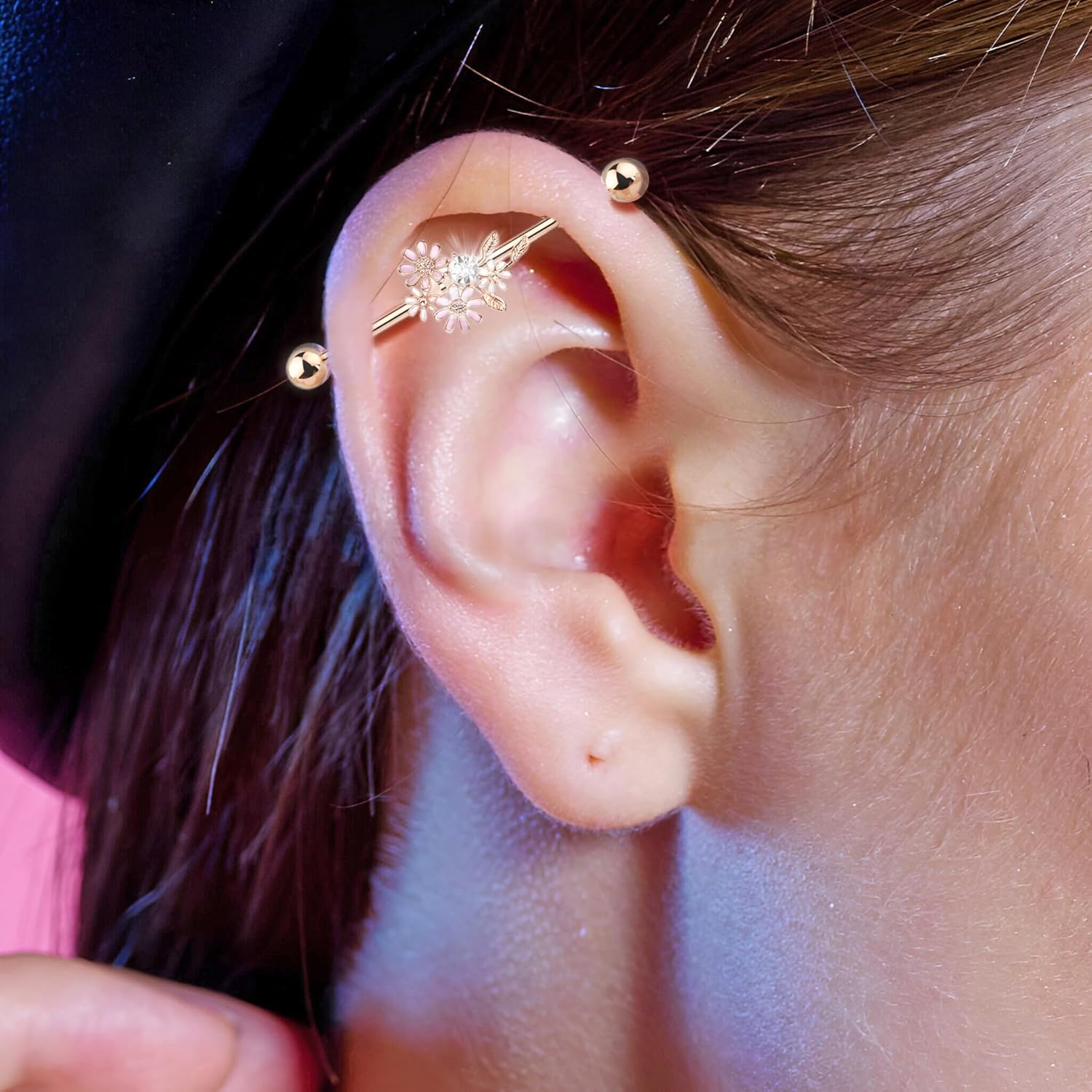 14G Stainless Steel Flower Industrial Barbell Cartilage Earrings 316L Industrial Piercing Bar - QIAO CrystalQIAO CrystalQIAO Crystal