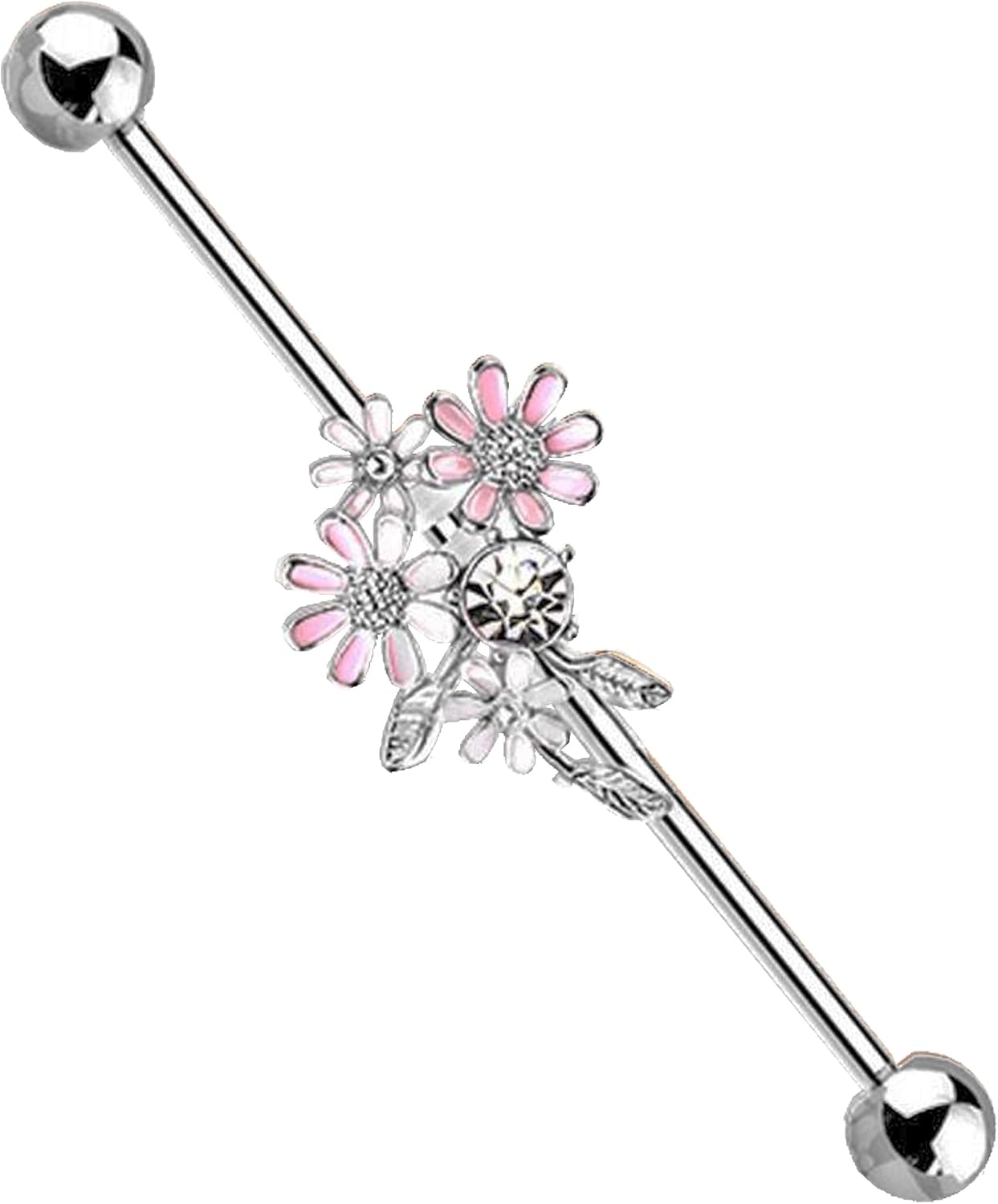 14G Stainless Steel Flower Industrial Barbell Cartilage Earrings 316L Industrial Piercing Bar - QIAO CrystalQIAO CrystalQIAO Crystal