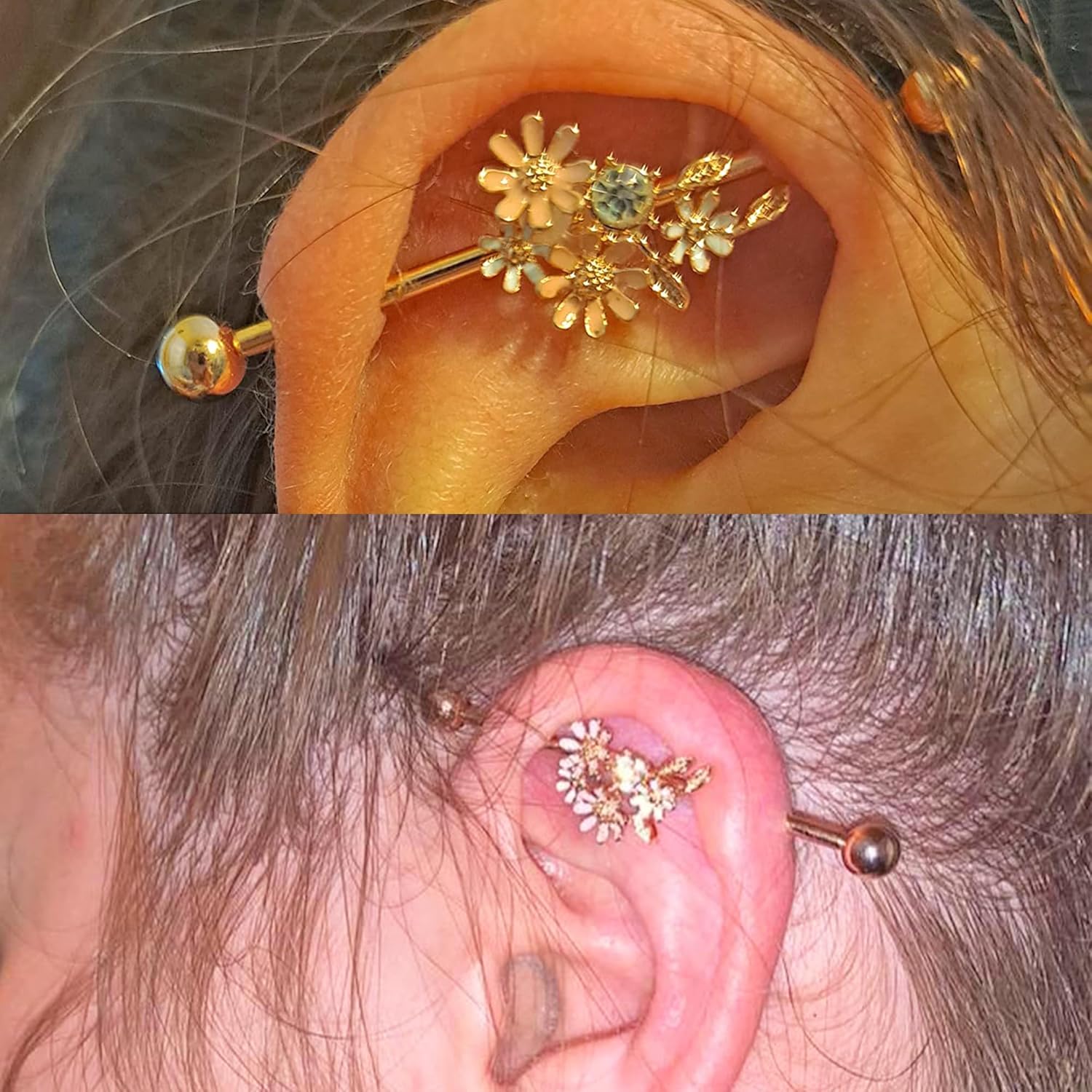 14G Stainless Steel Flower Industrial Barbell Cartilage Earrings 316L Industrial Piercing Bar - QIAO CrystalQIAO CrystalQIAO Crystal