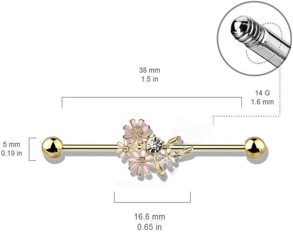 14G Stainless Steel Flower Industrial Barbell Cartilage Earrings 316L Industrial Piercing Bar - QIAO CrystalQIAO CrystalQIAO Crystal