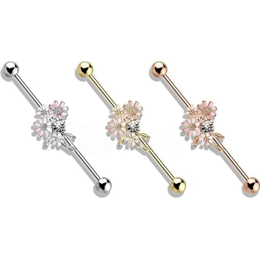 14G Stainless Steel Flower Industrial Barbell Cartilage Earrings 316L Industrial Piercing Bar - QIAO CrystalQIAO CrystalQIAO Crystal