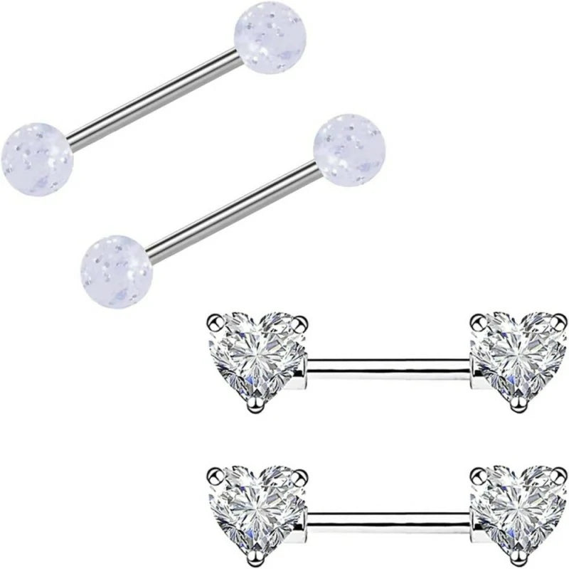 14G Stainless Steel Heart Nipple Rings and Barbell - Butterfly, Starlight Acrylic Ball