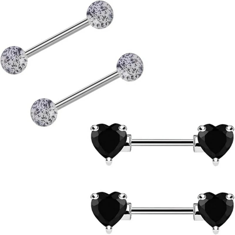 14G Stainless Steel Heart Nipple Rings and Barbell - Butterfly, Starlight Acrylic Ball