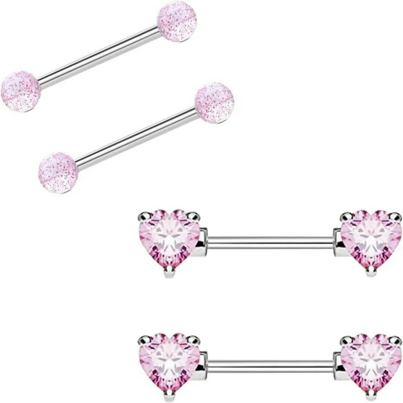14G Stainless Steel Heart Nipple Rings and Barbell - Butterfly, Starlight Acrylic Ball