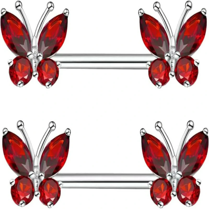 14G Stainless Steel Heart Nipple Rings and Barbell - Butterfly, Starlight Acrylic Ball