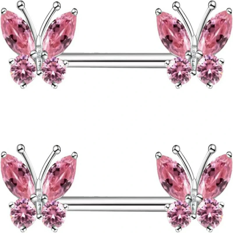 14G Stainless Steel Heart Nipple Rings and Barbell - Butterfly, Starlight Acrylic Ball