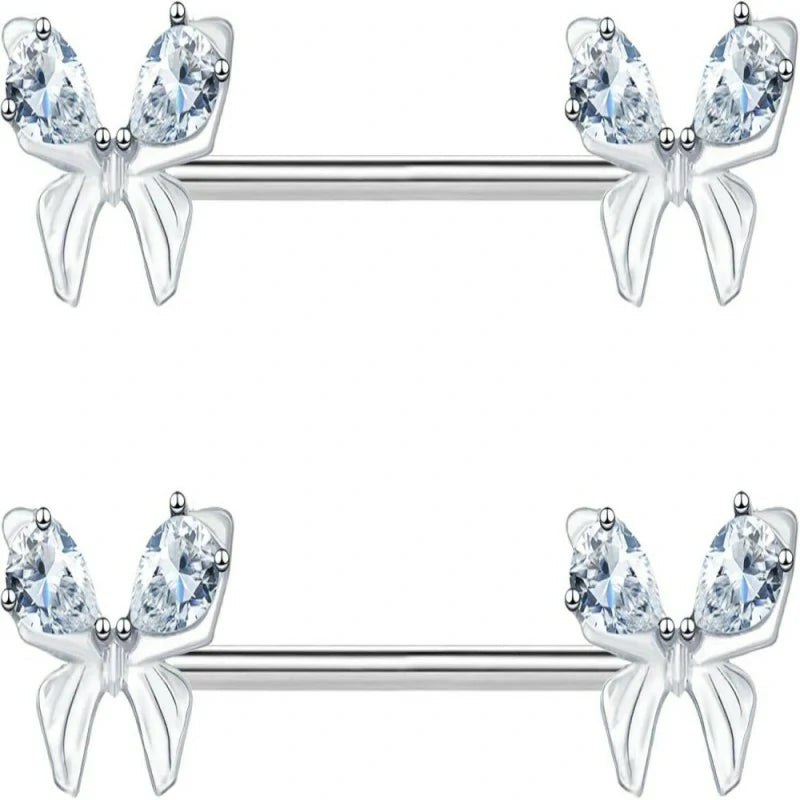 14G Stainless Steel Heart Nipple Rings and Barbell - Butterfly, Starlight Acrylic Ball