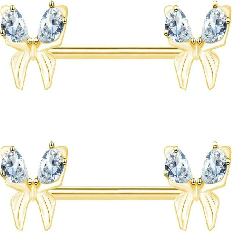 14G Stainless Steel Heart Nipple Rings and Barbell - Butterfly, Starlight Acrylic Ball