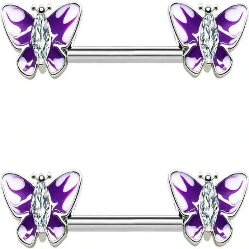 14G Stainless Steel Heart Nipple Rings and Barbell - Butterfly, Starlight Acrylic Ball
