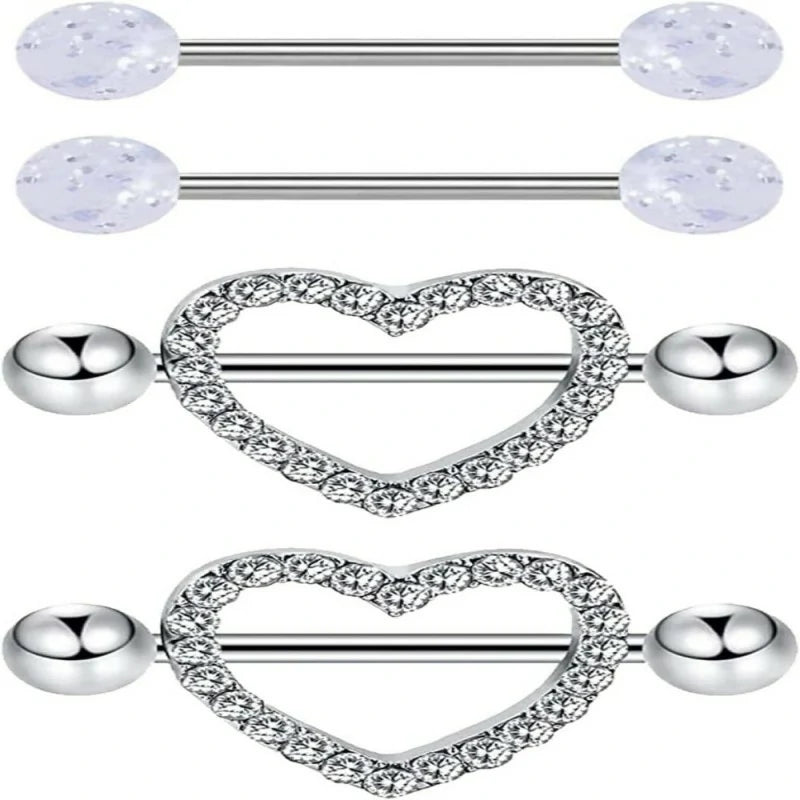 14G Stainless Steel Heart Nipple Rings and Barbell - Butterfly, Starlight Acrylic Ball