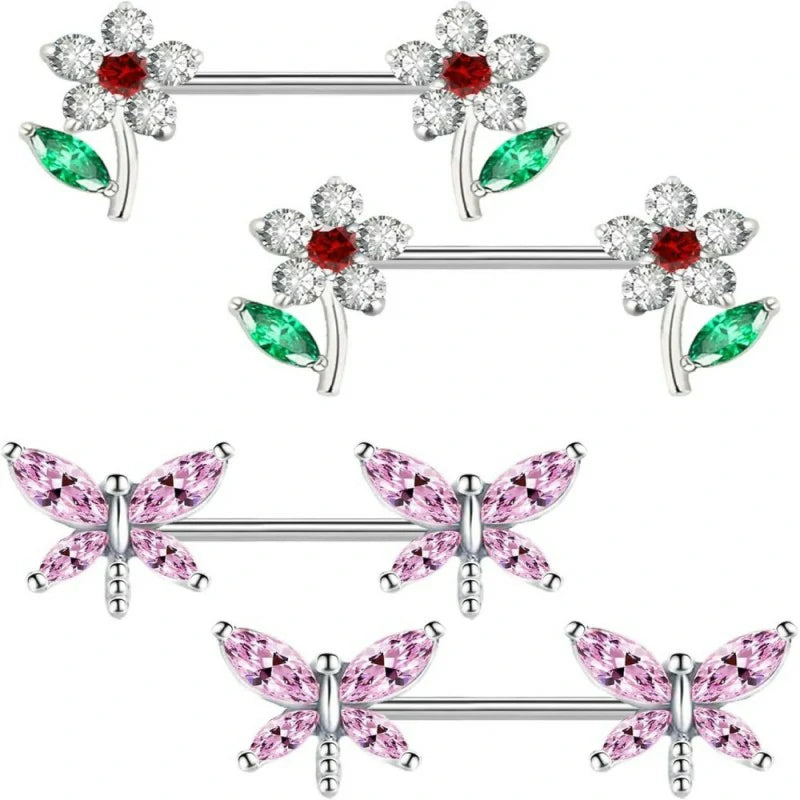 14G Stainless Steel Heart Nipple Rings and Barbell - Butterfly, Starlight Acrylic Ball