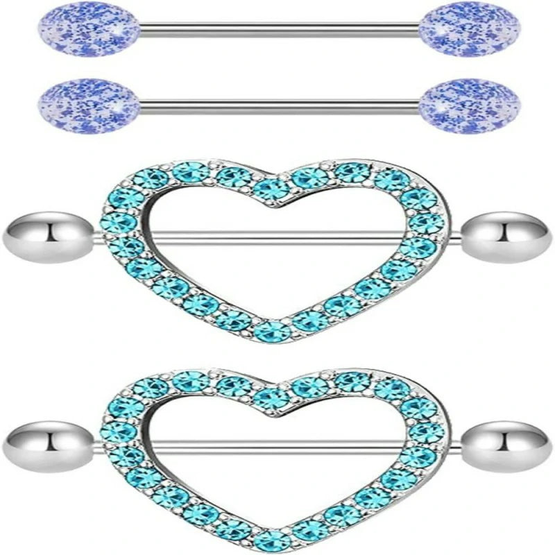 14G Stainless Steel Heart Nipple Rings and Barbell - Butterfly, Starlight Acrylic Ball