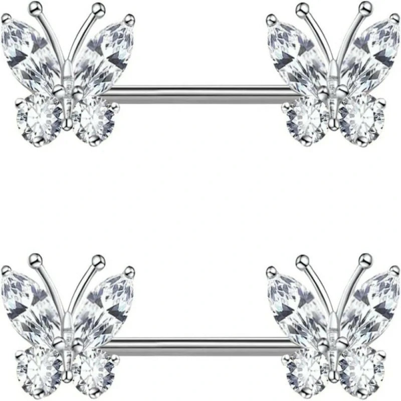14G Stainless Steel Heart Nipple Rings and Barbell - Butterfly, Starlight Acrylic Ball